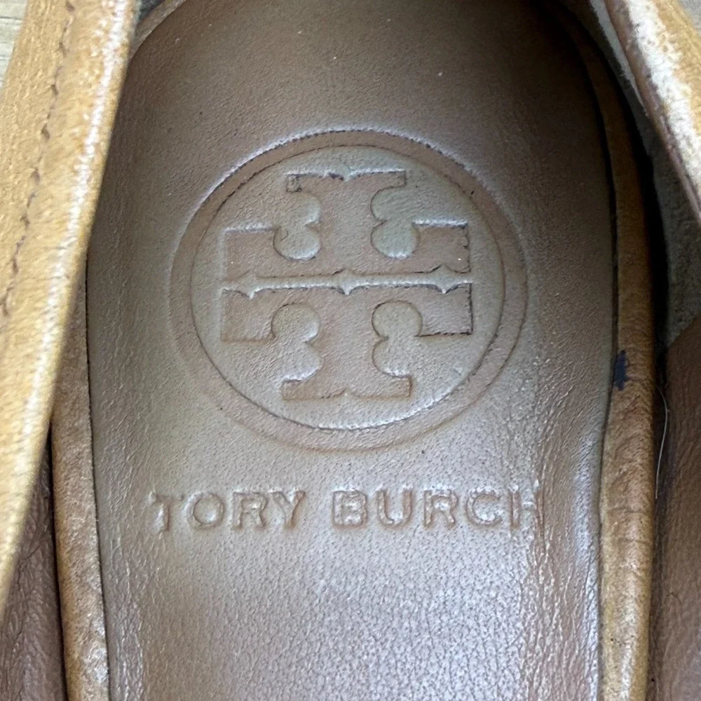 Tory Burch‎ Reva Flats Tan Womens 5 C Pebble Leather Gold Logo